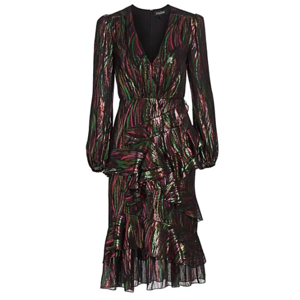 Saloni Alya Metallic Striped Midi Dress, US 2